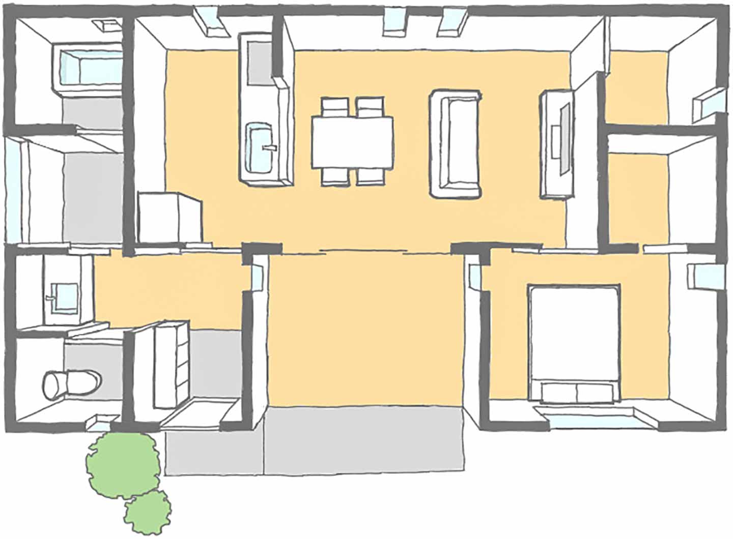 ウッドデッキのある2人暮らしの部屋 平面図